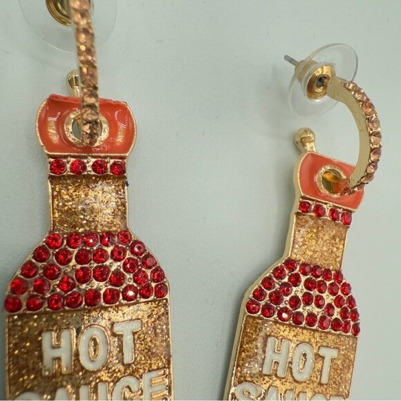 Hot Sauce Bottle Statement Earrings Red and Gold Sparkly Rhinestones - Picture 4 of 9